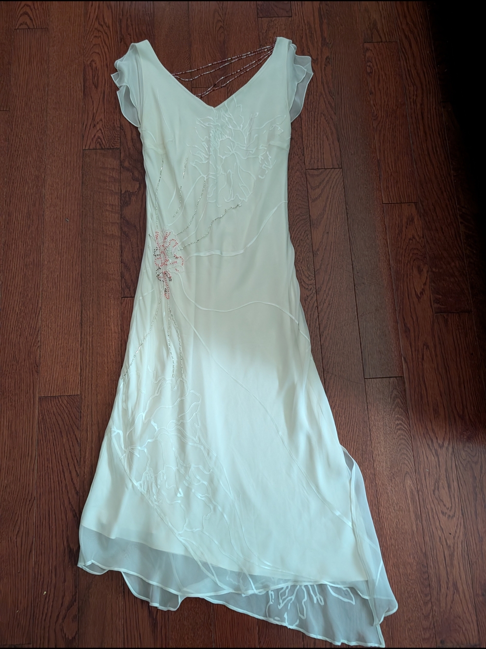 Vintage Precis Ivory Asymmetrical V-Neck Embroidered And Beaded Dress